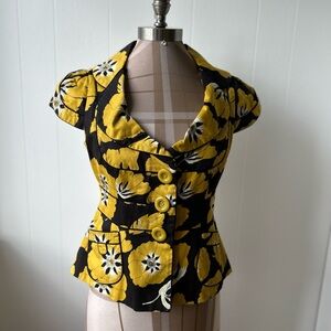 Elevenses Anthropology Floral Black and Yellow Women's Peplum Blouse/Jacket